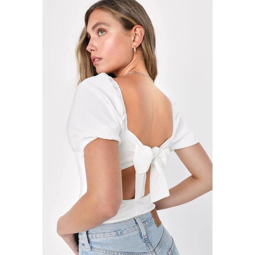 Lulus Abundance Of Love White Textured Puff Sleeve Tie-back Bodysuit - Size M